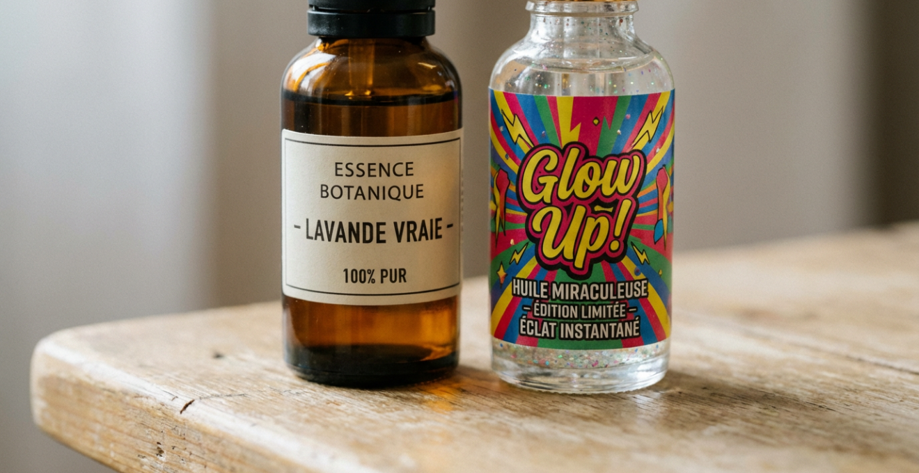 Deux flacons d'huile essentielle côte à côte montrant différences de conditionnement