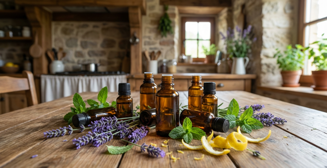 Collection de flacons ambrés d'huiles essentielles avec brins de lavande fraîche