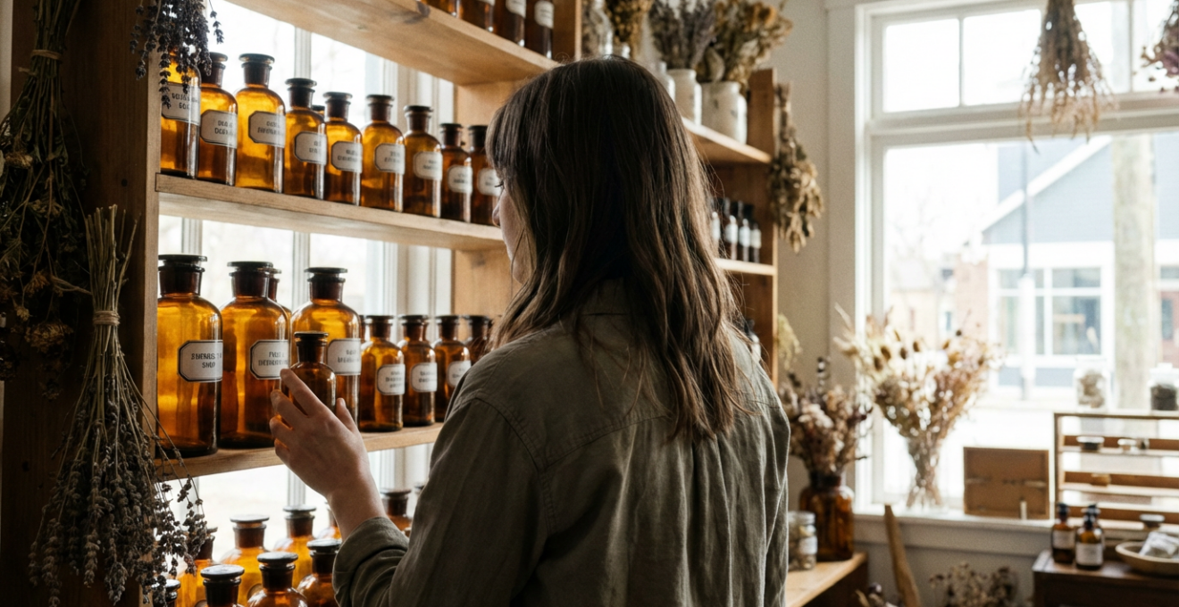 Cliente examinant des huiles essentielles dans une herboristerie lumineuse