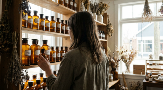 Cliente examinant des huiles essentielles dans une herboristerie lumineuse