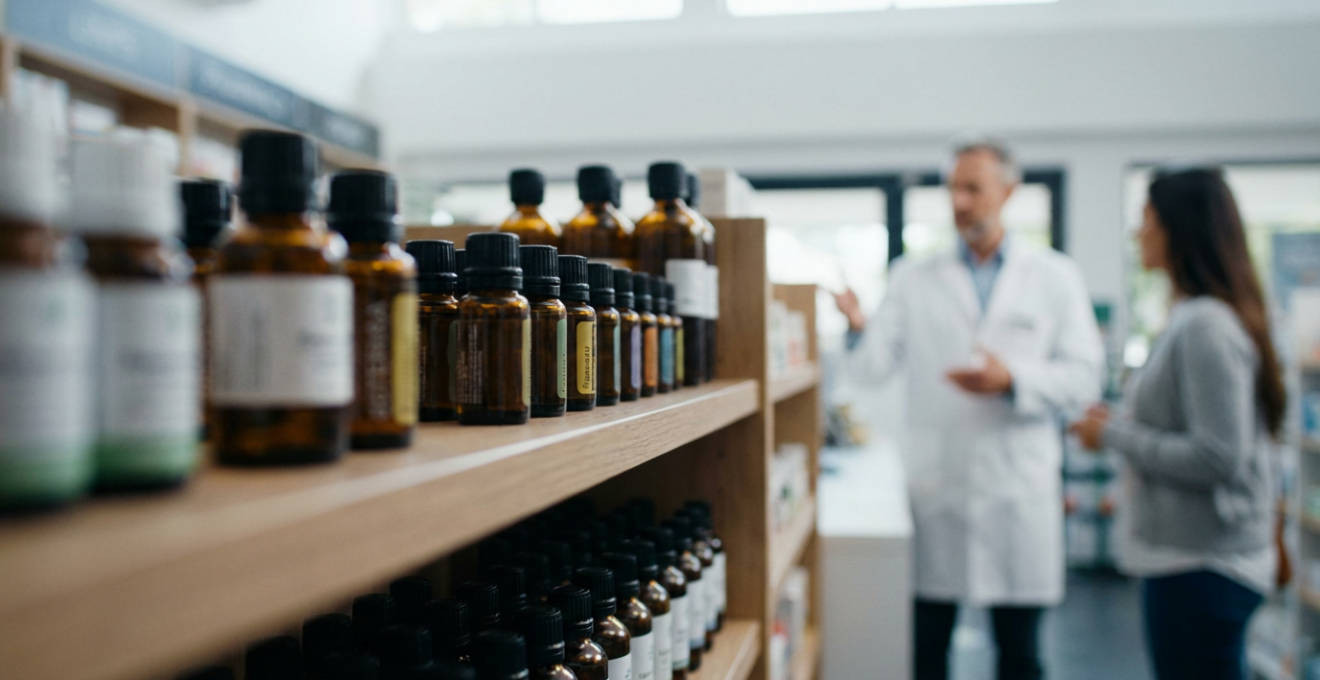 Rayon pharmacie dédié aux huiles essentielles avec pharmacien en arrière-plan