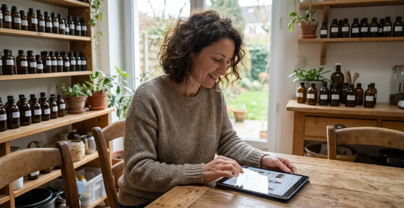 Femme consultant un site d'huiles essentielles sur sa tablette, entourée de flacons ambrés