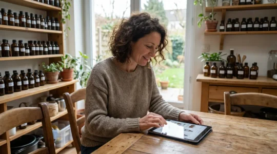 Femme consultant un site d'huiles essentielles sur sa tablette, entourée de flacons ambrés