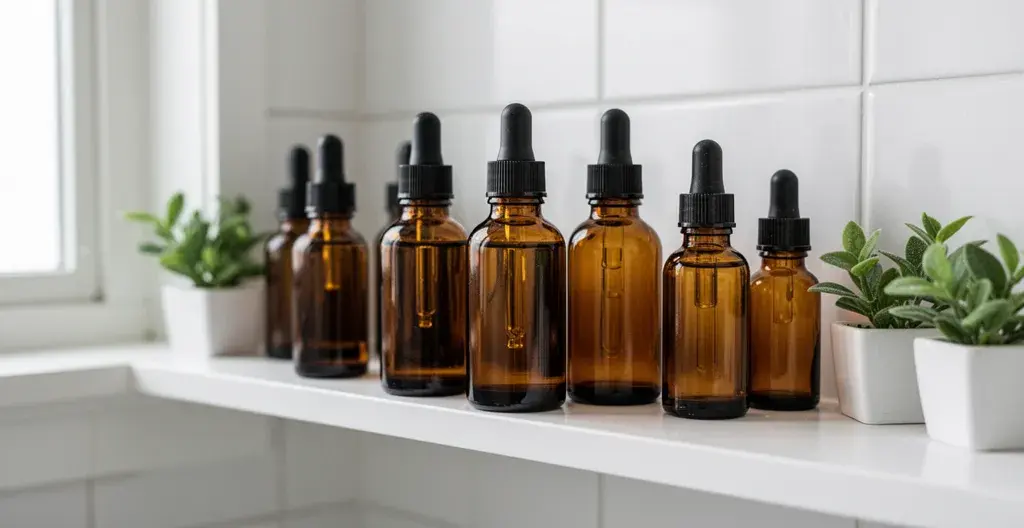 Flacons d'huiles essentielles ambrés sur étagère de salle de bain