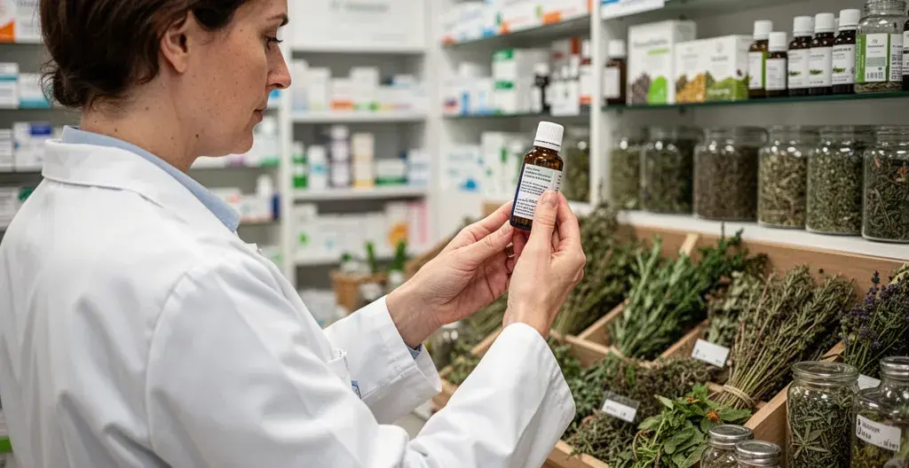 Pharmacien examinant un flacon d'huile essentielle dans une herboristerie