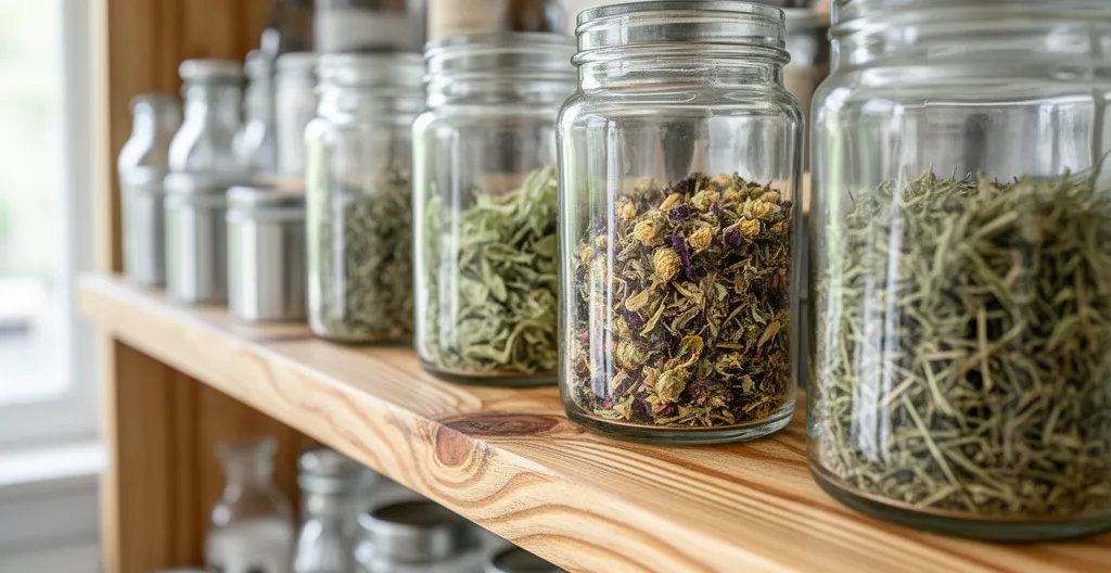 Bocaux en verre contenant des herbes séchées sur étagère bois ambiance herbalisterie B20