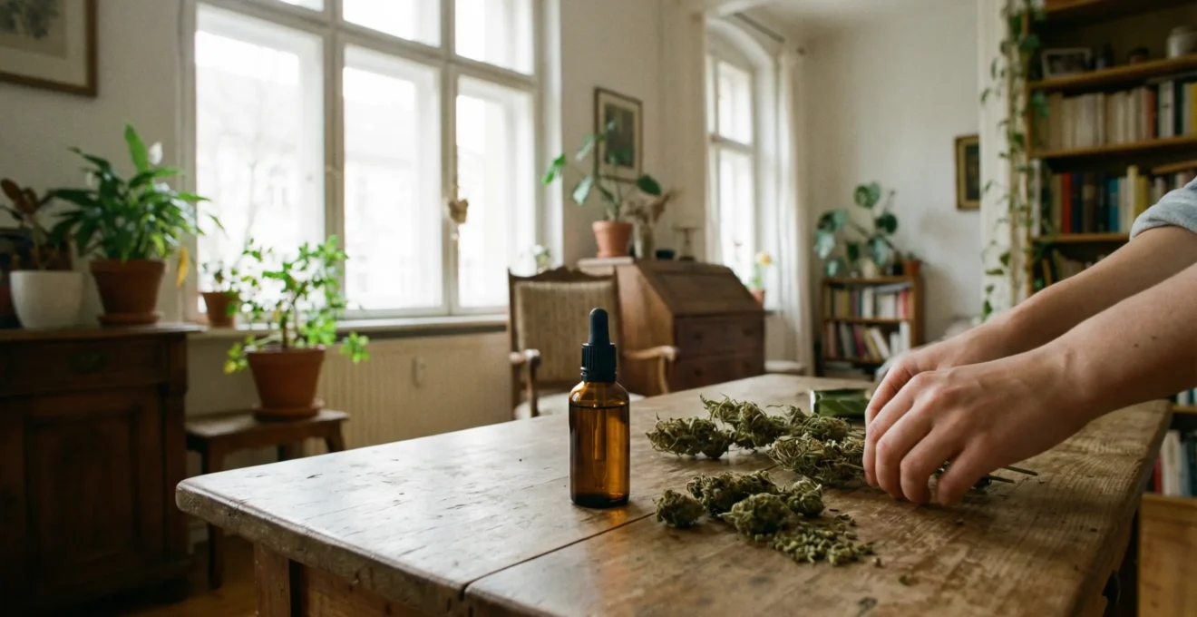 Flacon d'huile CBD et fleurs de chanvre séchées sur table en bois naturel