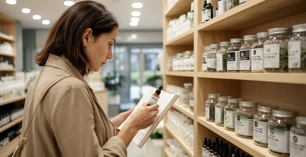 Femme consultant l'étiquette d'un produit CBD en boutique spécialisée