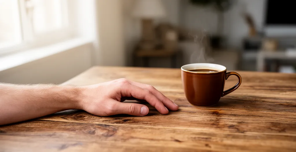 Main posée sur table près d'une tasse moment de pause calme dosage B20