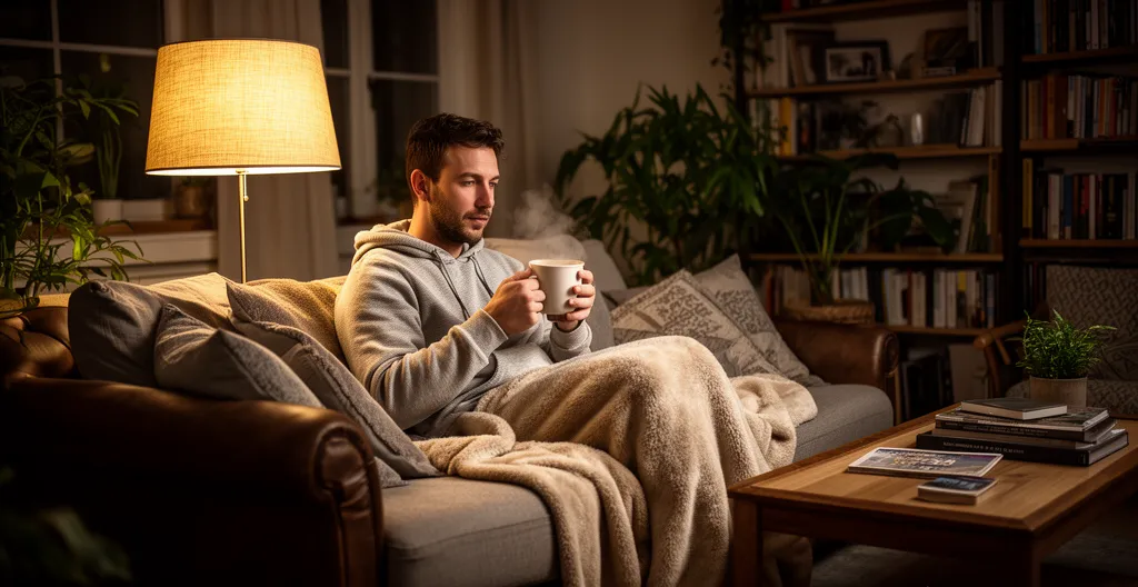Homme détendu sur un canapé confortable dans un salon chaleureux le soir