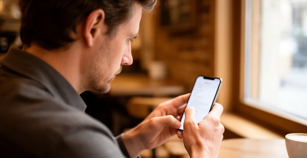 Personne consultant son téléphone dans un café recherche information cannabinoïdes B20