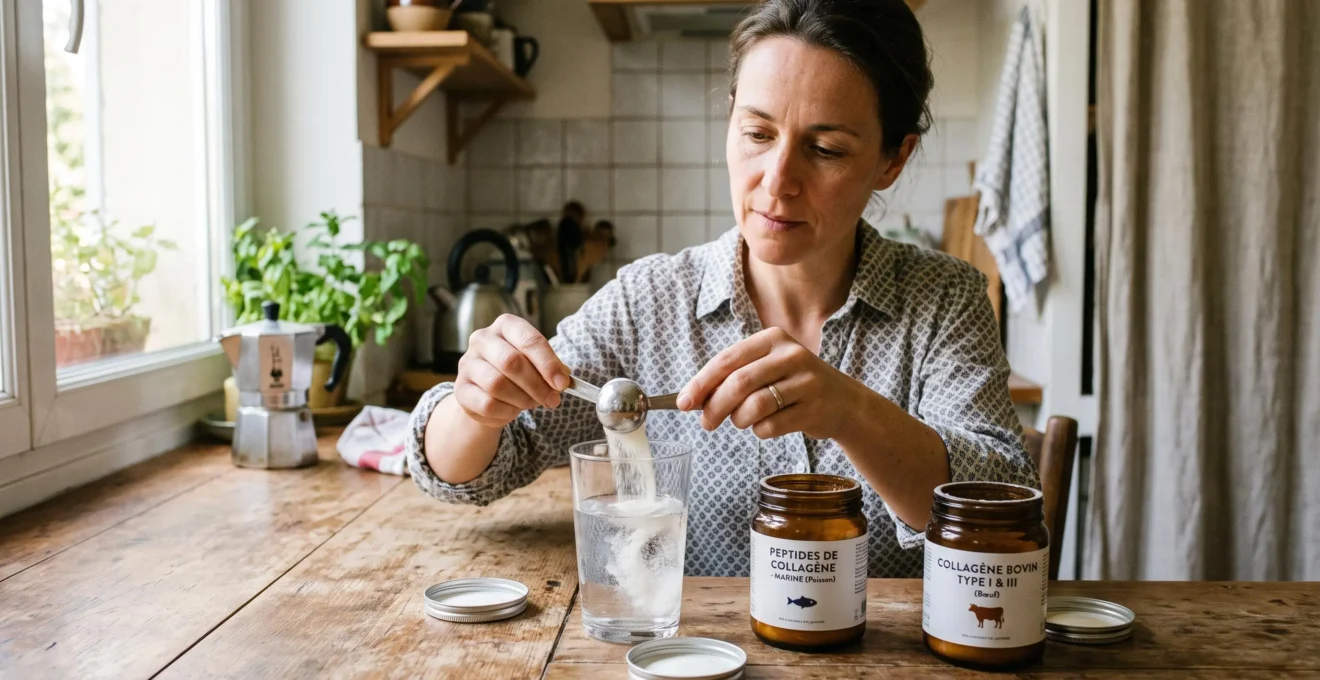 Une femme verse une cuillère de poudre de collagène dans un verre d'eau dans sa cuisine.