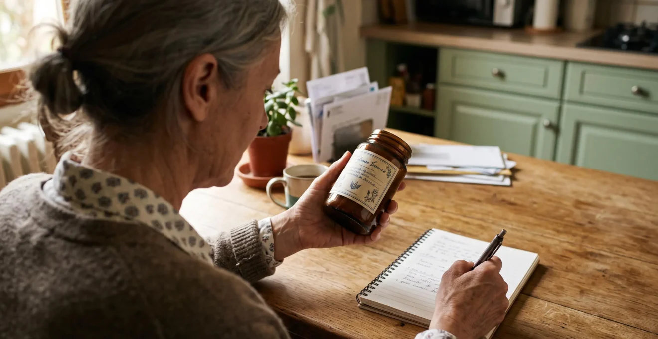 Une femme compare l'étiquette d'un complément de collagène avec des notes sur la table.