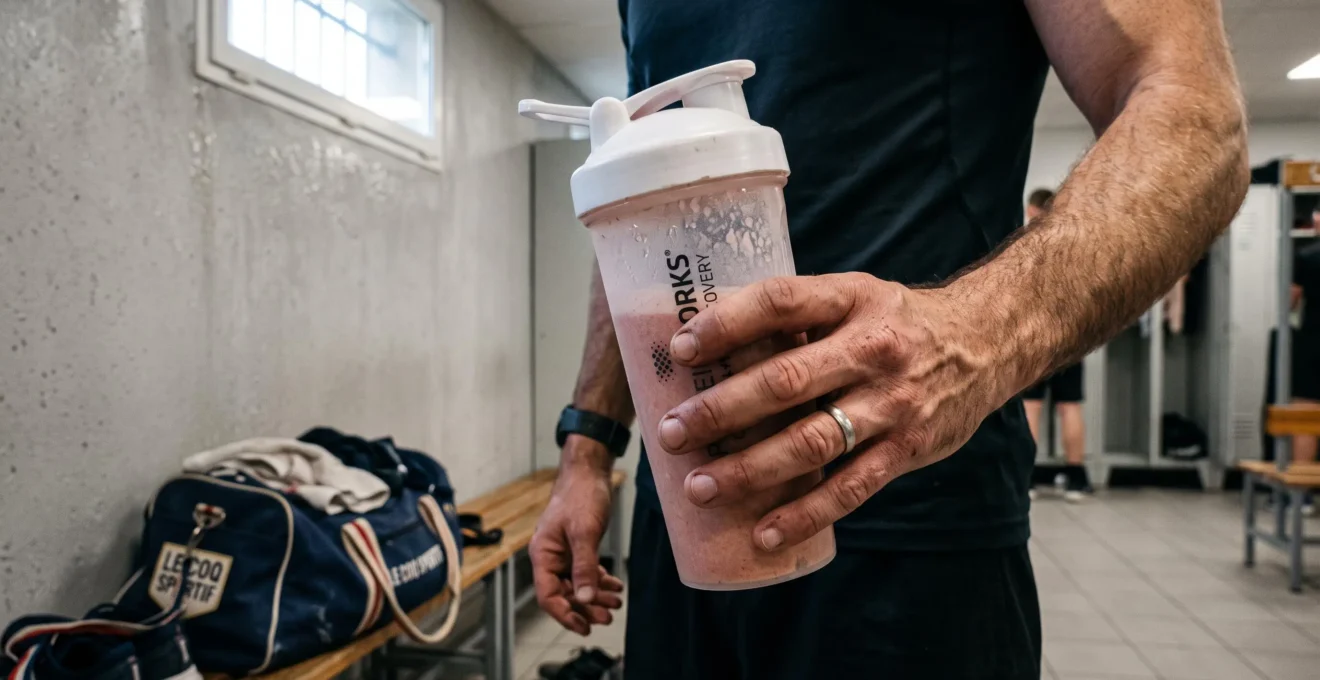 Une main tient une gourde de boisson au collagène dans un vestiaire de sport.