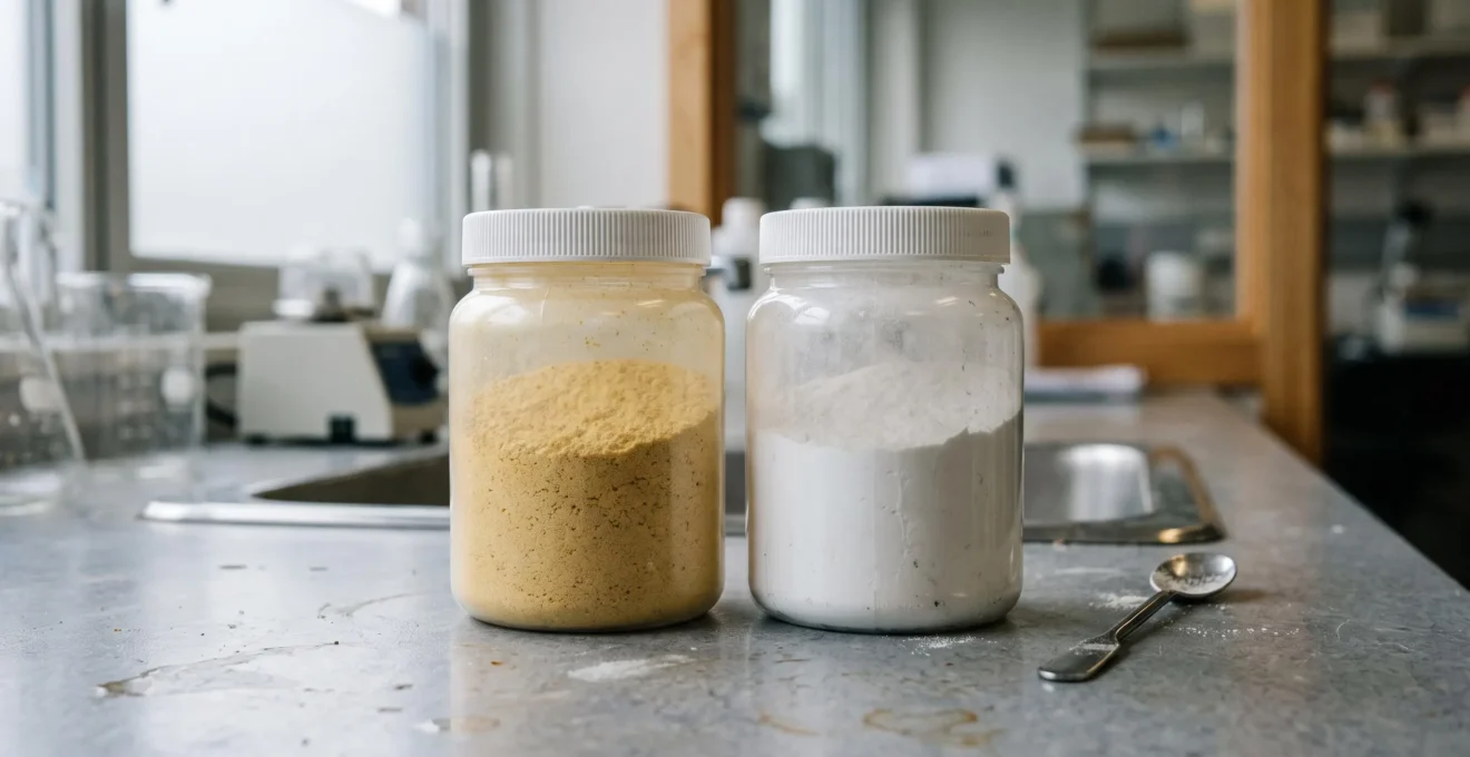 Deux pots de poudre de collagène côte à côte sur un plan de travail neutre.